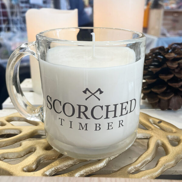 Close up of scorched timber mug at craft show